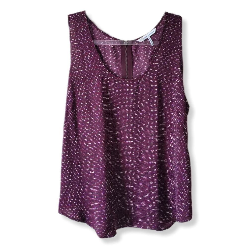 Women French Connection Purple Dot Blouse Tank Top L Career Casual Modern Flowy